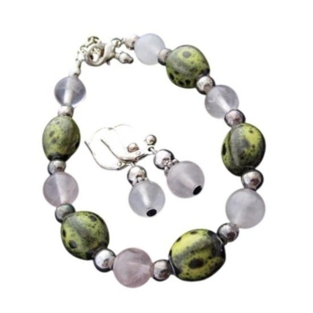 Artisan Green Porcelain & Very Pale Pink Quartz‎ Gemstone Bracelet & Earring Set